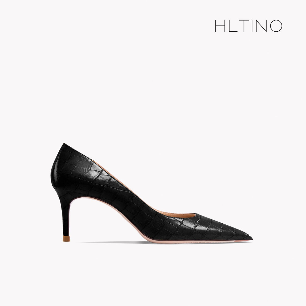 Black patent leather pointed-toe stiletto pump, front side angle, thin high heel