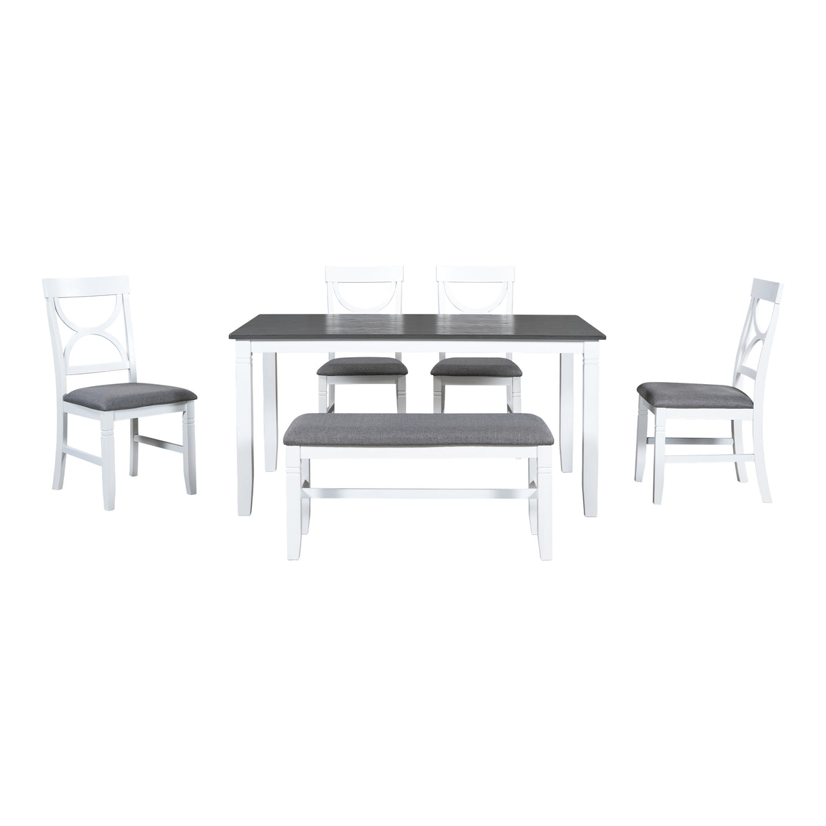 Dining table set with dark gray tabletop, gray bench, and white chairs