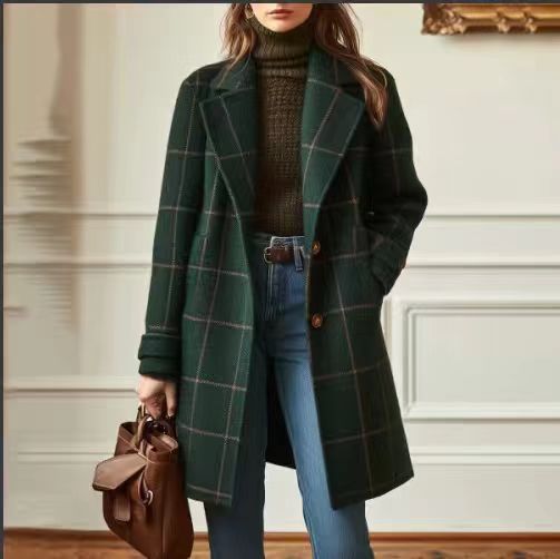 Dark green plaid wool coat with notched lapels and long sleeves