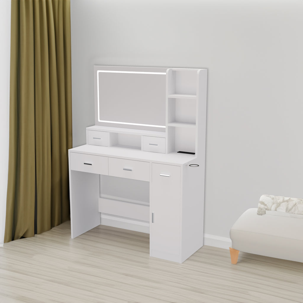 White smart mirror dressing table with drawers and open storage shelves
