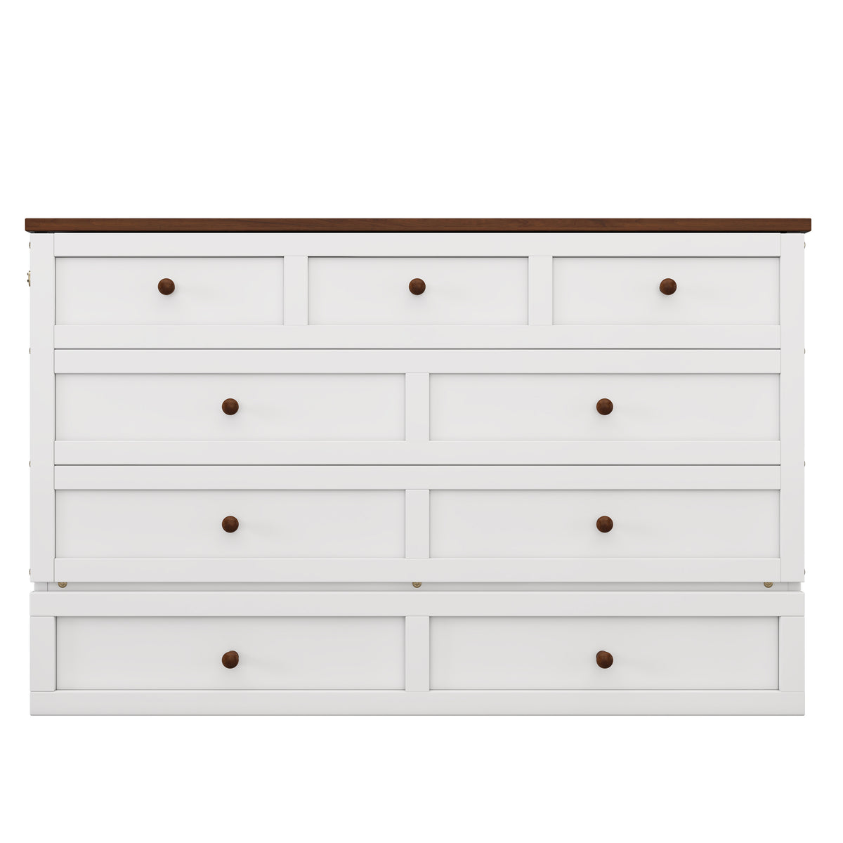 White and walnut Murphy bed chest front with multiple drawers and round knobs