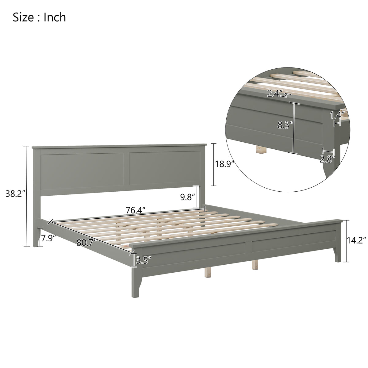 Gray king bed frame dimensions with slatted platform and tapered legs