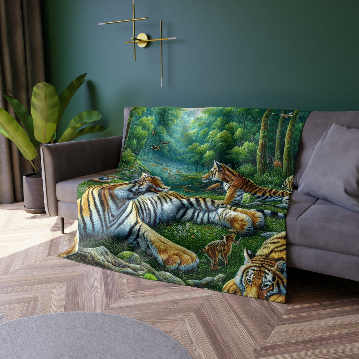 Crushed velvet blanket featuring tiger-jungle scene in green and tan
