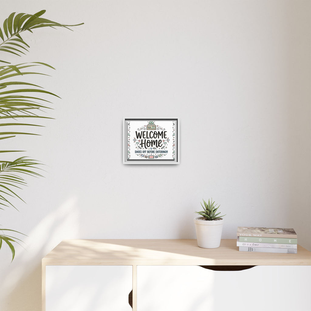 Framed matte canvas “Welcome Home” wall art with colorful icons and border