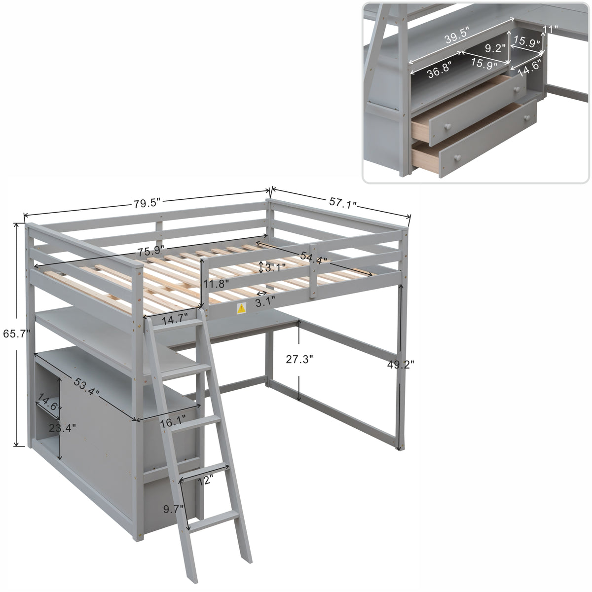 Gray loft bed layout with dimensions and drawer cabinet inset