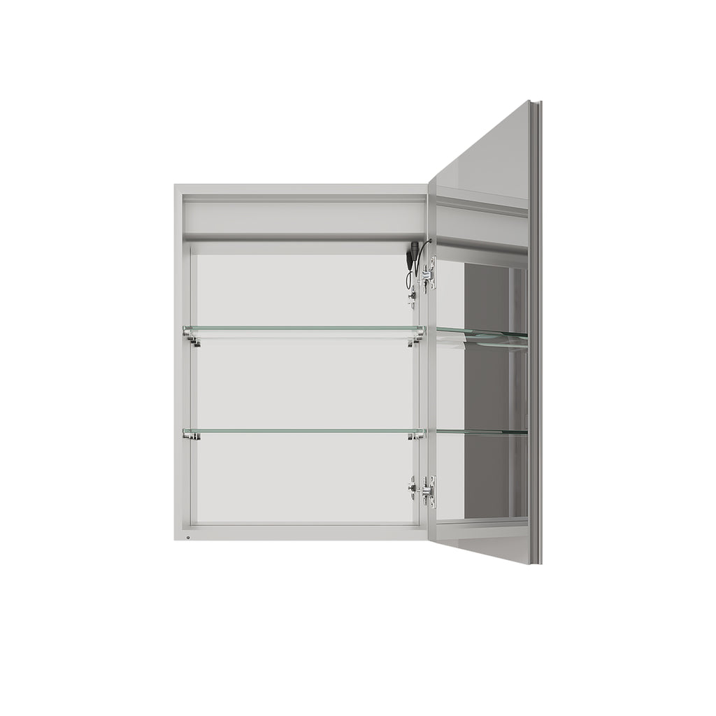 Open LED medicine cabinet with glass shelving and hinged single door