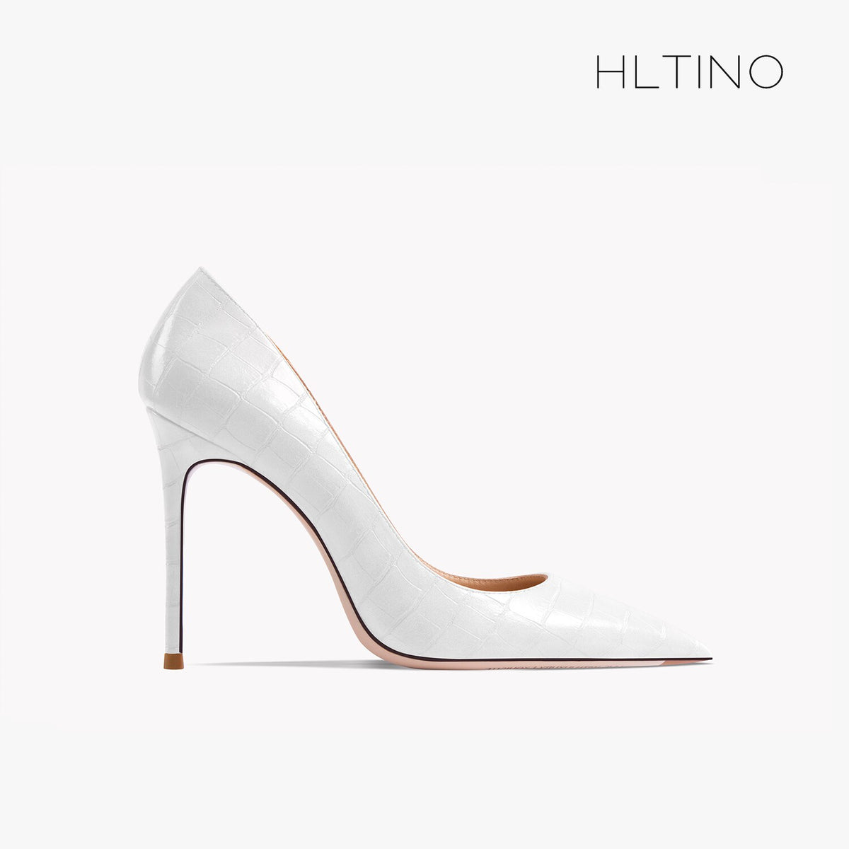 Women’s pointed-toe patent high-heel shoe, thin stiletto heel, white textured finish