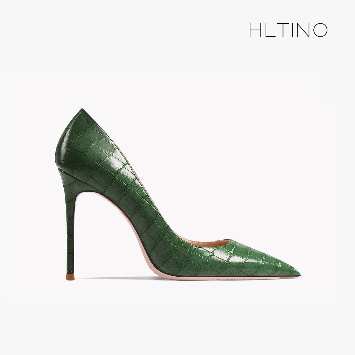 Green patent leather pointed-toe pump with thin stiletto heel and glossy crocodile pattern