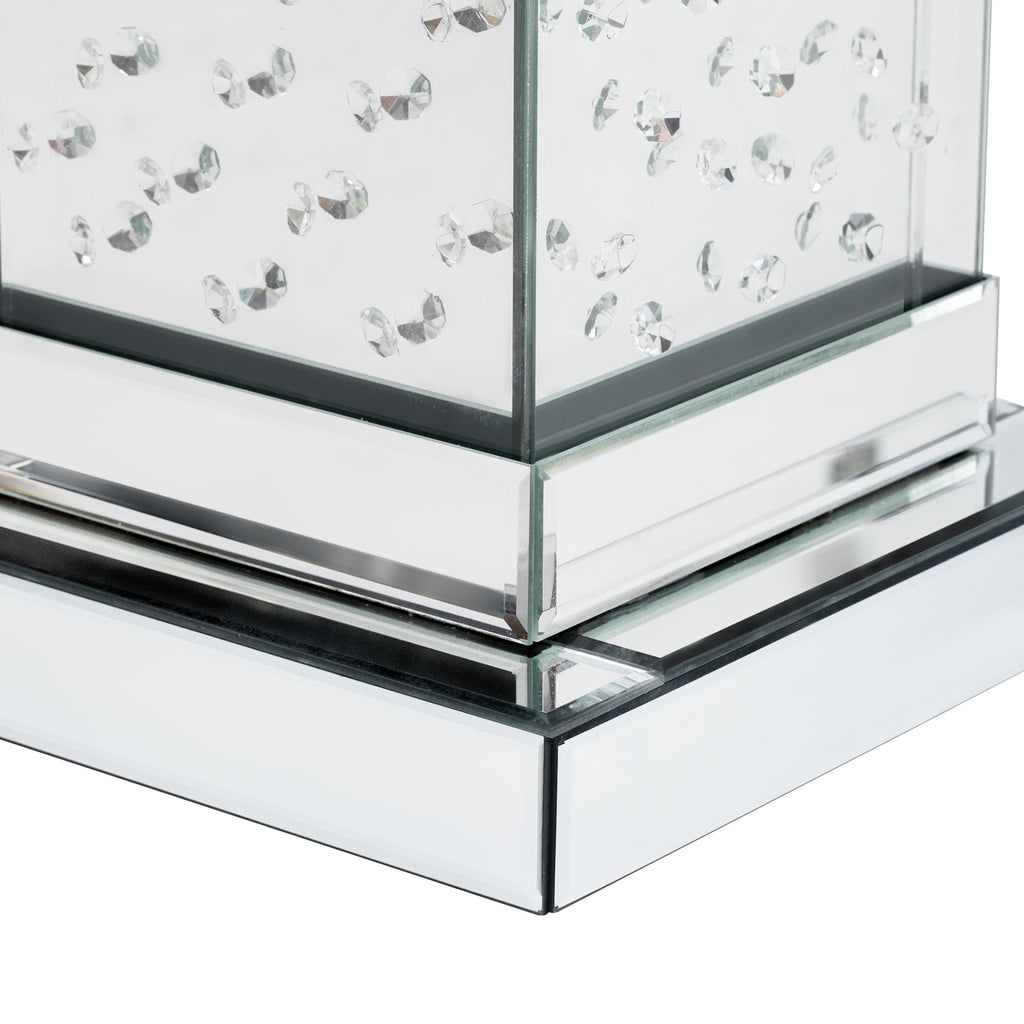 Square mirrored side table base with chrome trim and stacked clear glass shelves.