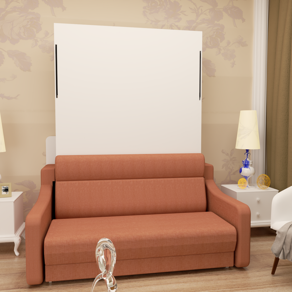 Full size Murphy sofa bed standing open with orange-brown sofa upholstery and white panel