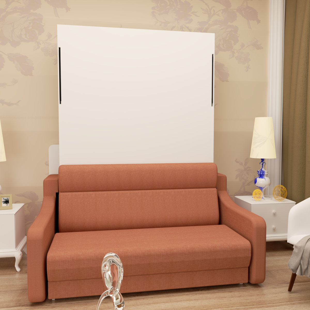 Full size Murphy sofa bed standing open with orange-brown sofa upholstery and white panel