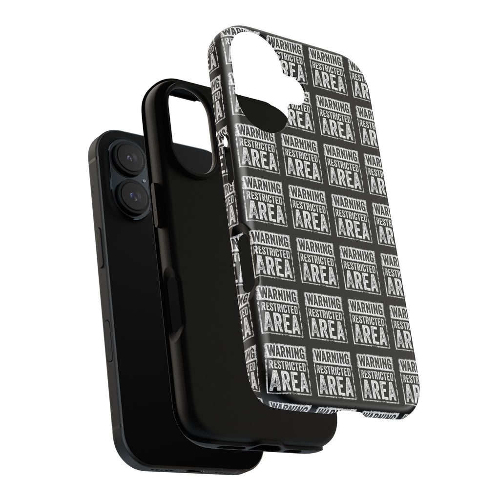 Phone case showing black camera back and white warning pattern with side opening