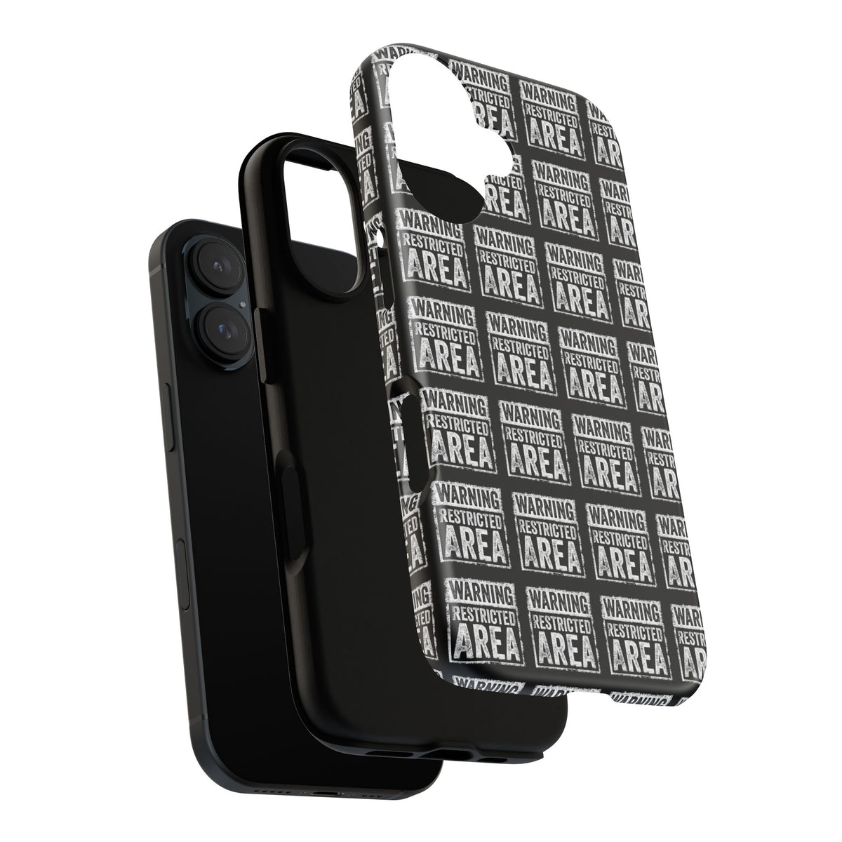 Phone case showing black camera back and white warning pattern with side opening