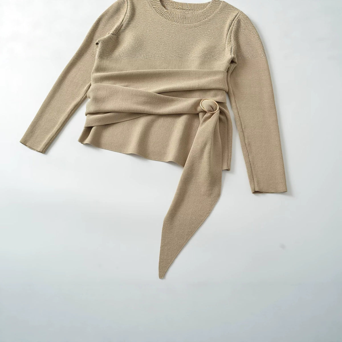 Khaki V-neck long-sleeve knit sweater with tied wrap waist and draped peplum
