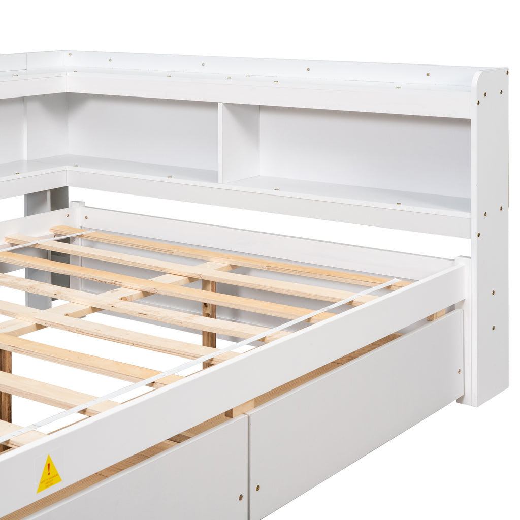 White full bed frame with open side drawers and light wood slat platform