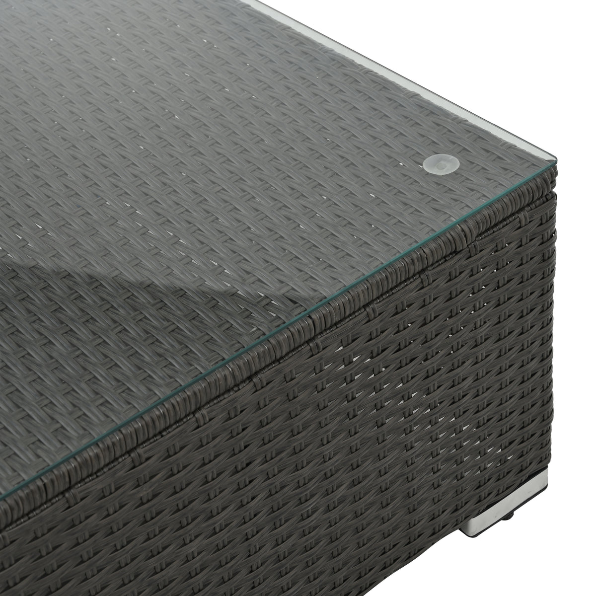 Close-up of dark gray woven ottoman frame with light gray lid