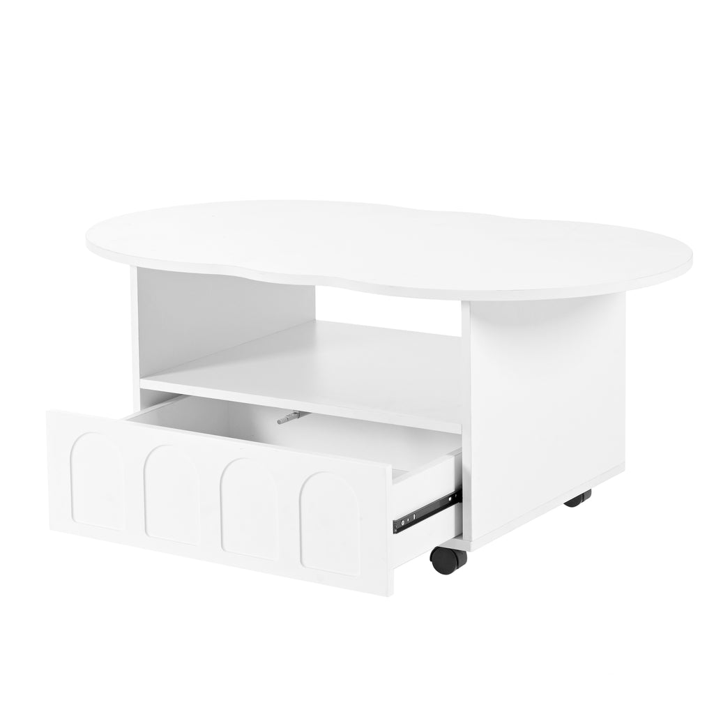 White round coffee table with open shelf, front drawer, and caster wheels with brakes