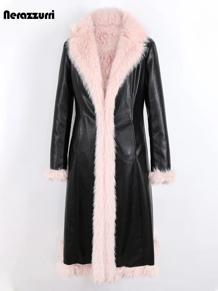 Long black PU leather coat with pink faux fur trim, open front and long sleeves