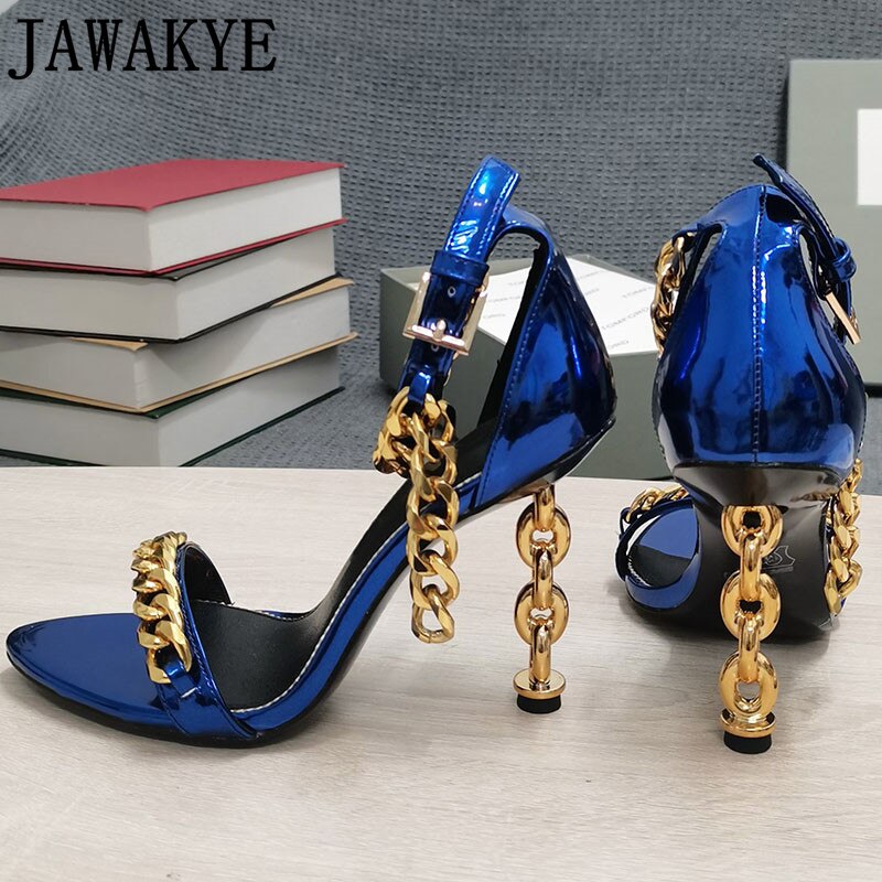 Blue patent ankle-strap chain heel sandals with gold-tone chains and open toe
