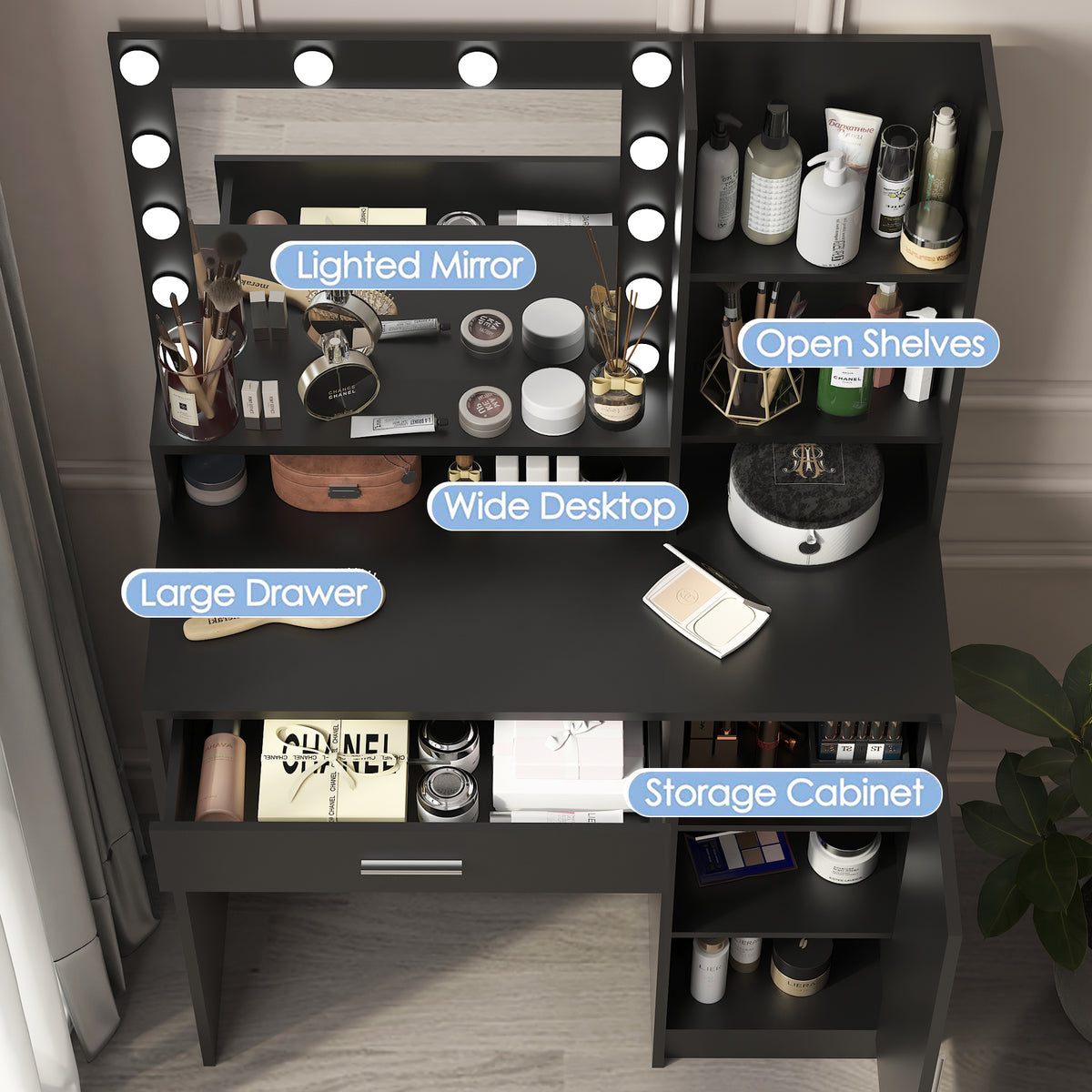 Black makeup vanity desk with lighted mirror, wide tabletop, drawers, and storage cabinet