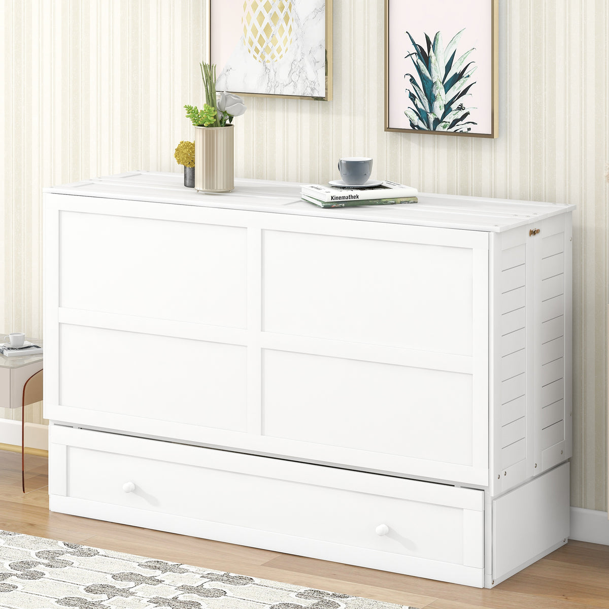 White queen Murphy bed with drawer and side shelves, closed cabinet front
