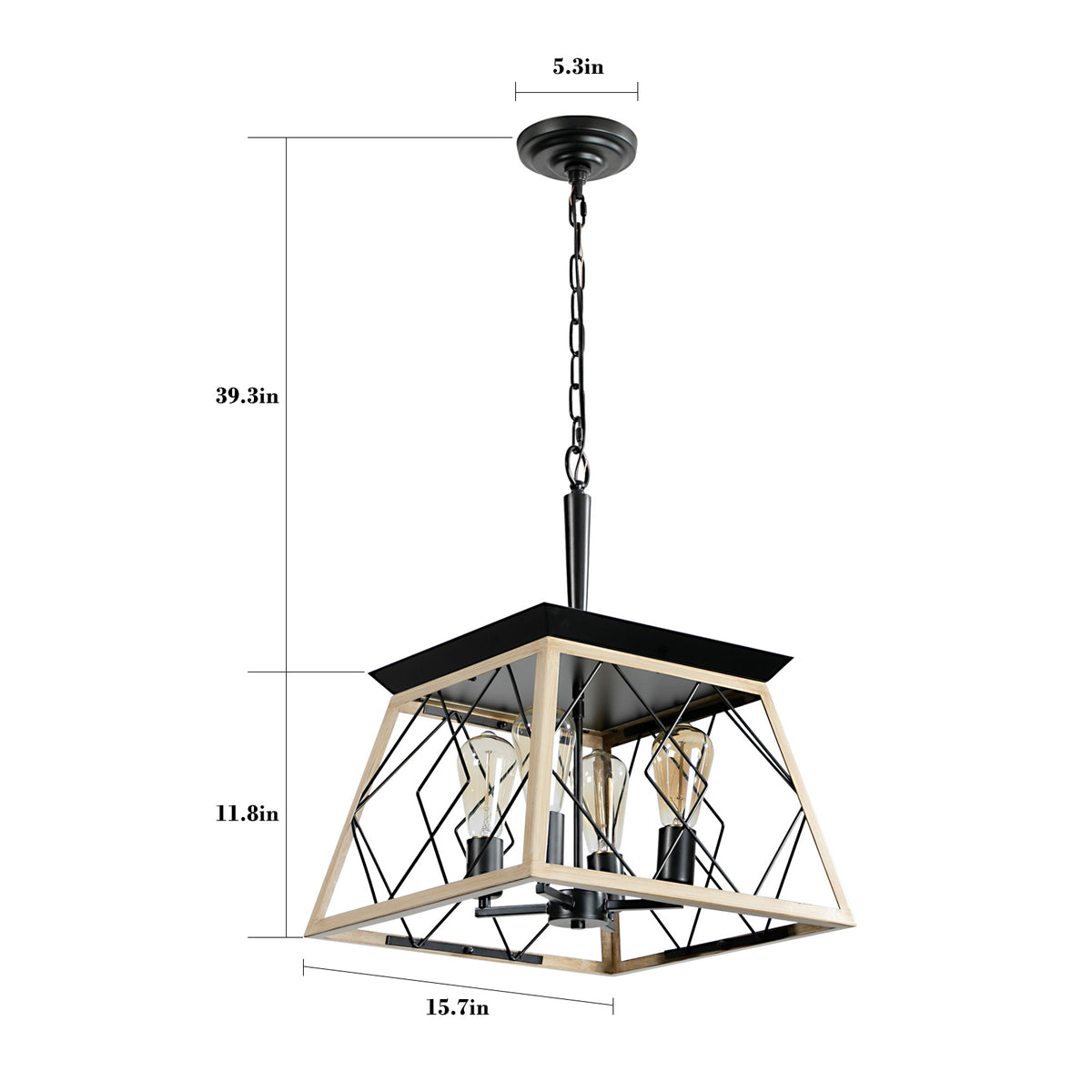 4-light farmhouse chandelier dimensions shown: black canopy with geometric wire cage.