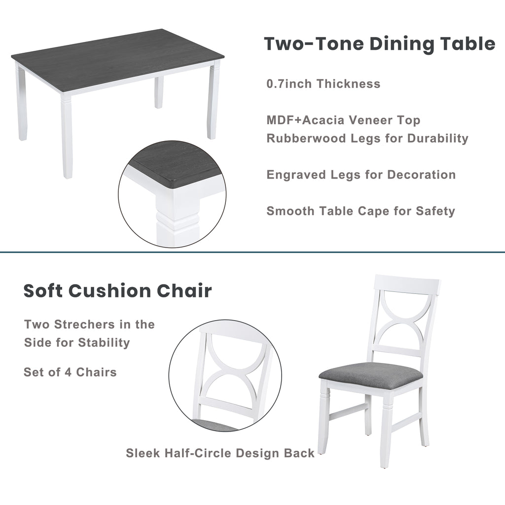 Two-tone dining table with gray top and white legs, plus a gray cushioned chair