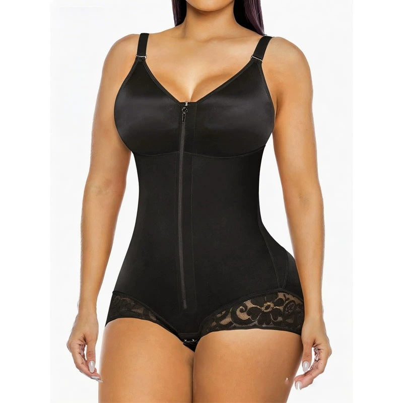 Black mesh zip-front one-piece corset with lace hem panels on the leg openings