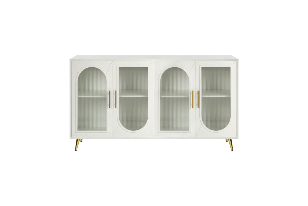 Antique white TV stand with four arched glass-front cabinets and gold handles