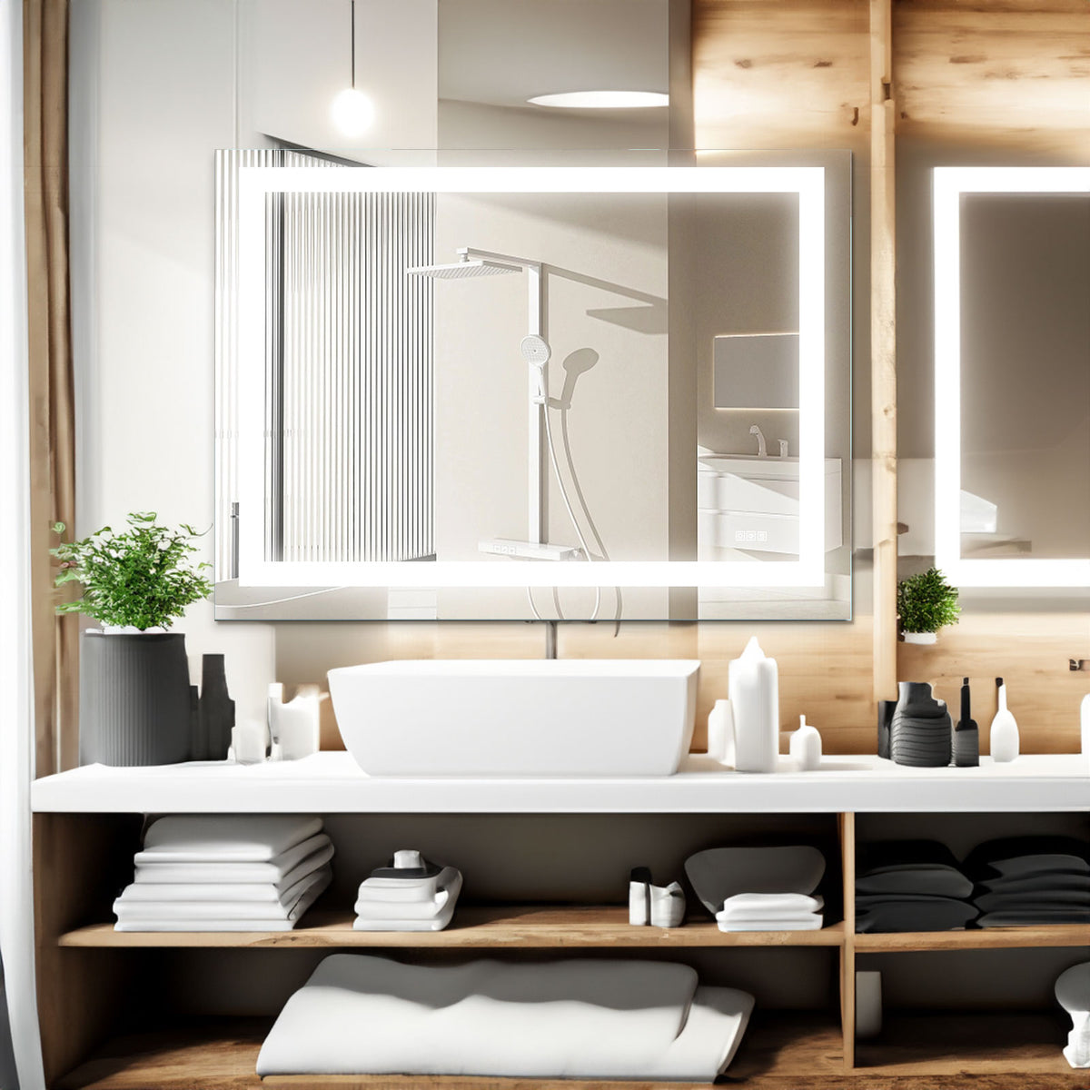 LED bathroom vanity mirror with white border and bright perimeter lights