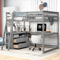 Gray loft bed with desk shelves and two drawers; guard rails and pine slat bed