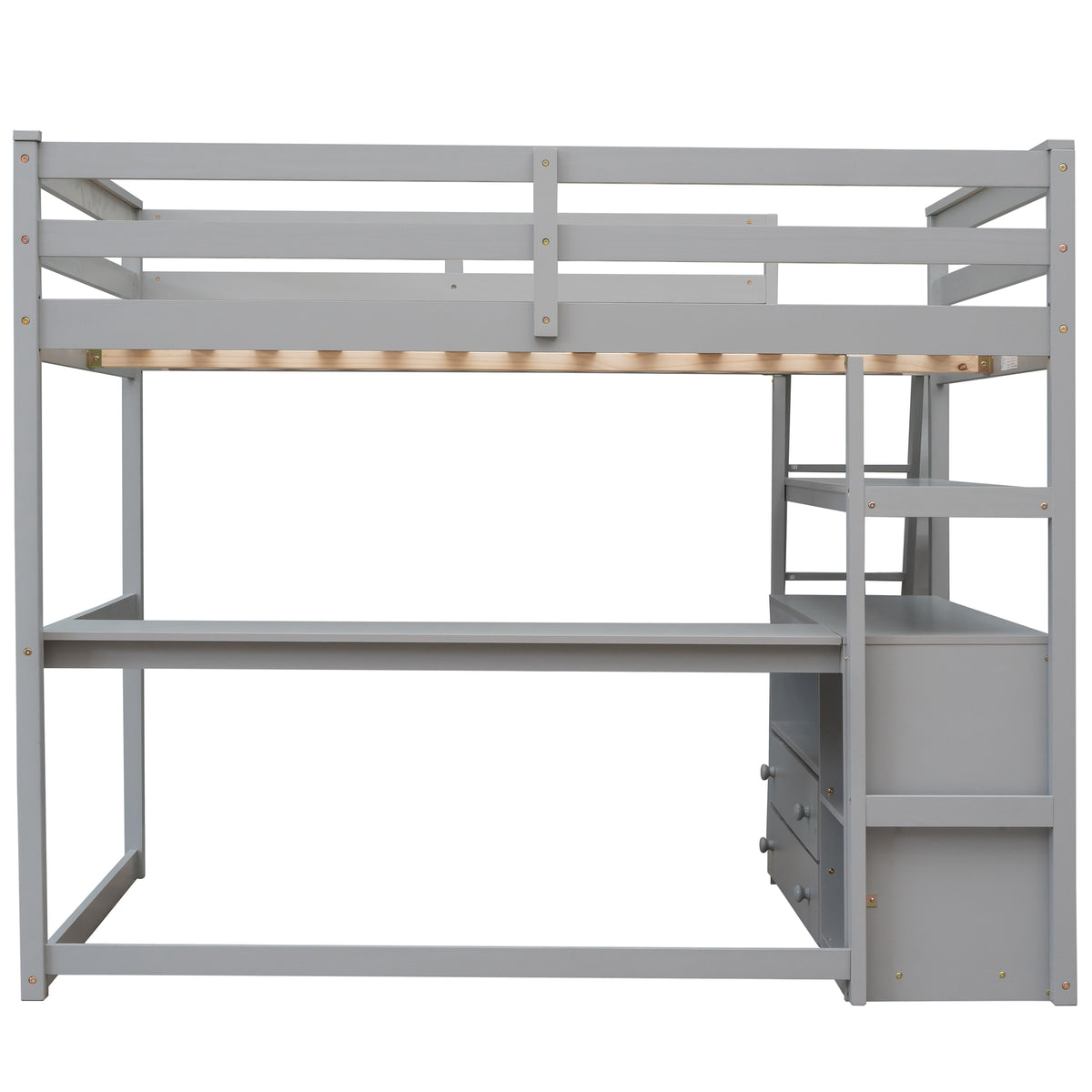Gray full size loft bed frame with pine slats, desk and right-side drawer storage