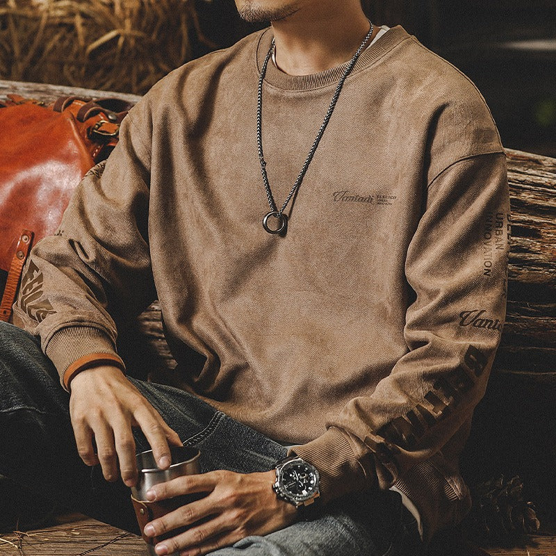 Men's suede-look crewneck sweatshirt, light tan-brown, long sleeves with ribbed cuffs
