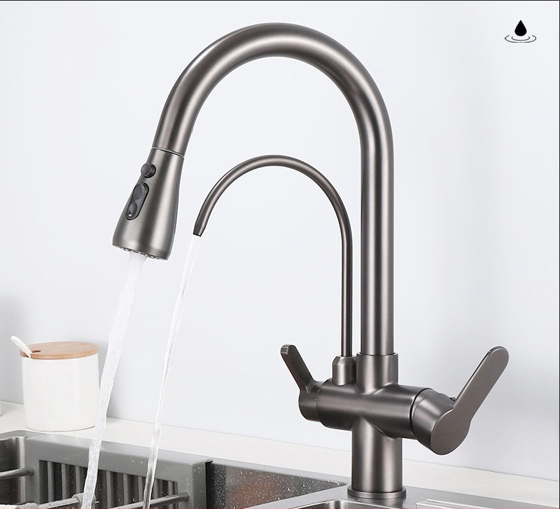 Gunmetal gray kitchen faucet with tall arched spout and pull-out sprayer, modern handles