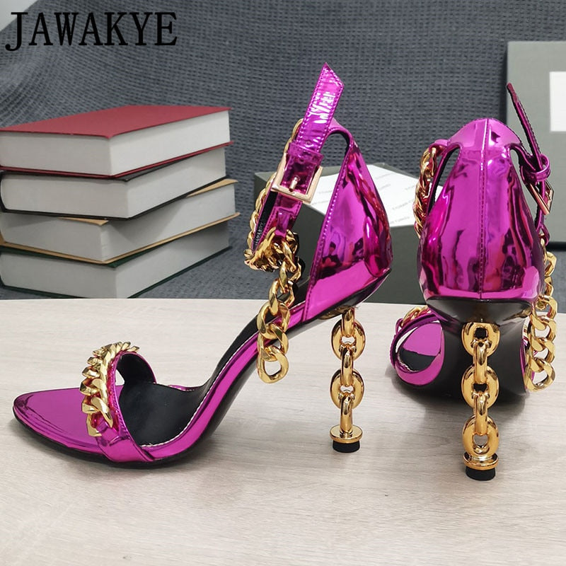Fuchsia patent high-heel chain sandals with ankle strap and gold-tone chain