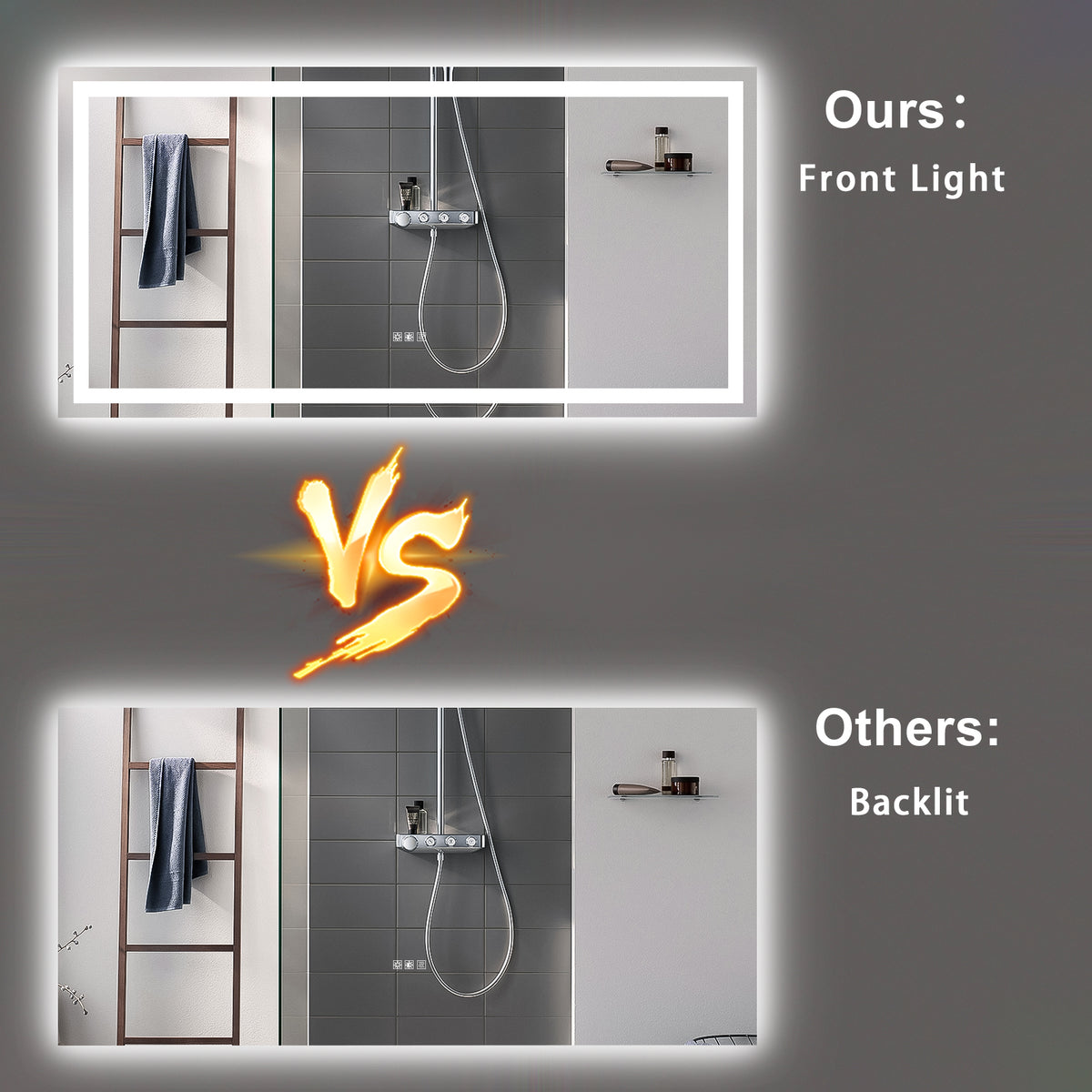 LED bathroom mirror with white front light frame glowing around clear glass