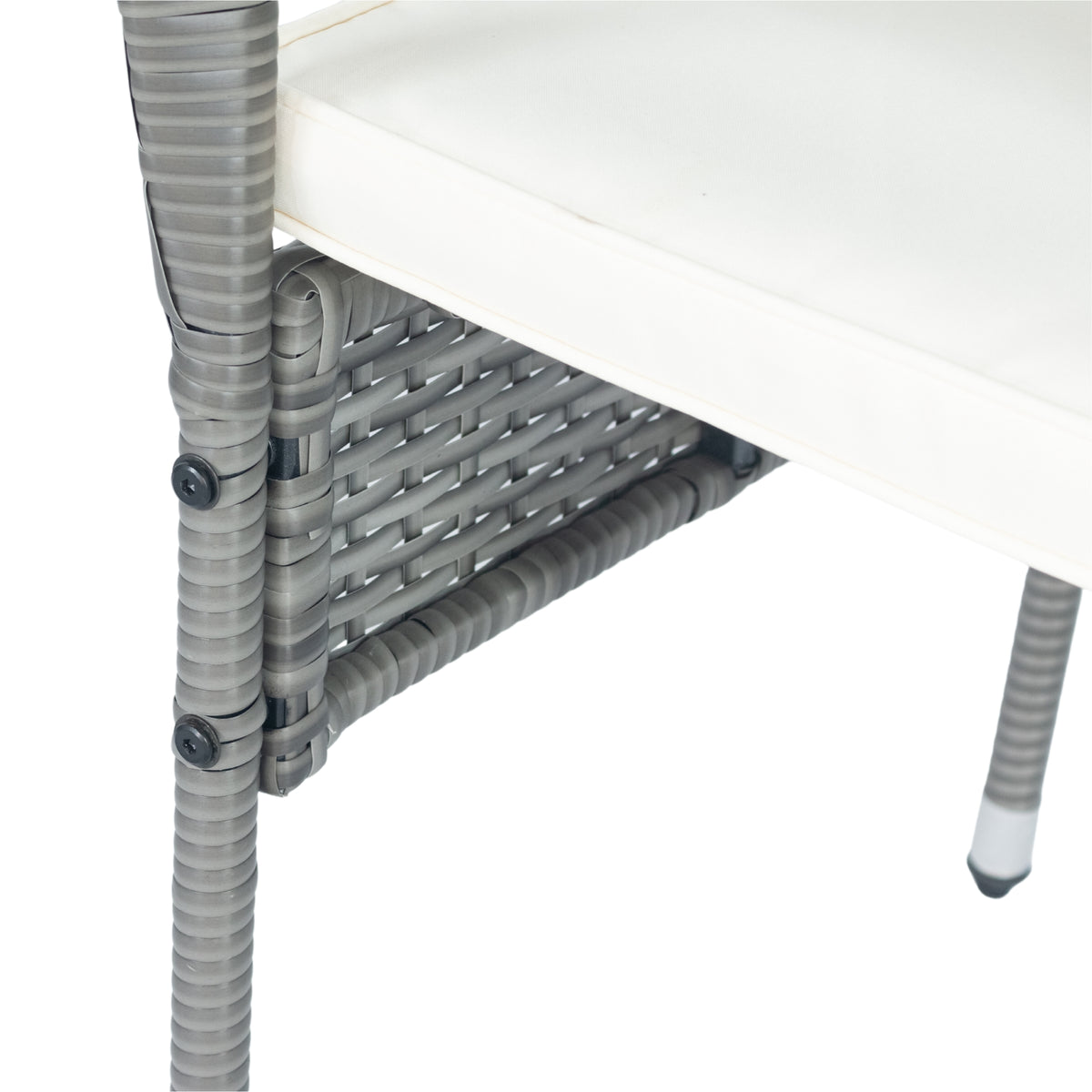 Gray wicker bench frame with white cushion edge and legs