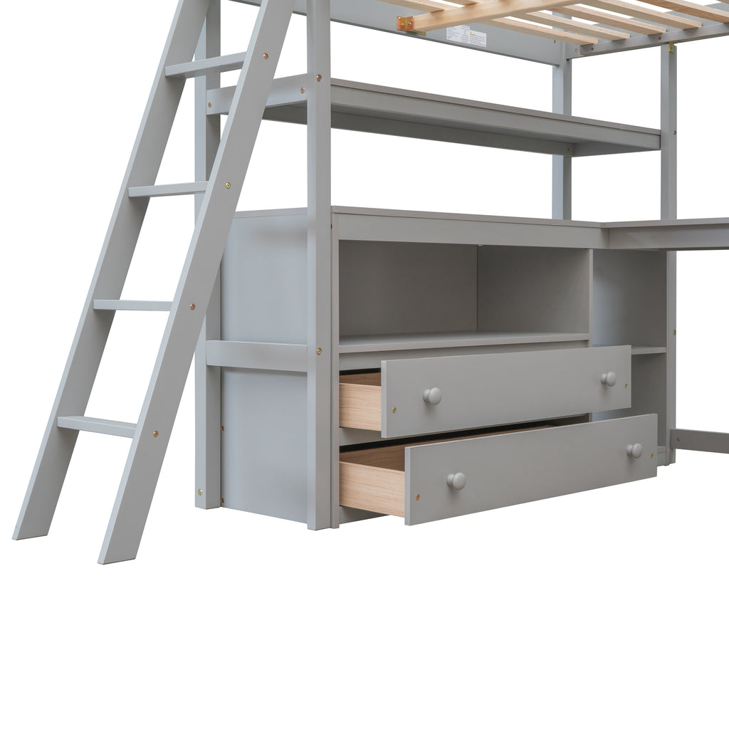 Gray desk area with two drawers and open shelf compartments, ladder beside