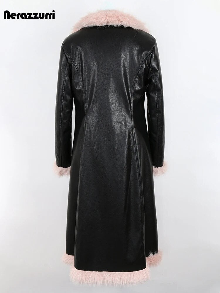 Long black PU leather coat, back view, with pink faux fur lining at hem and cuffs