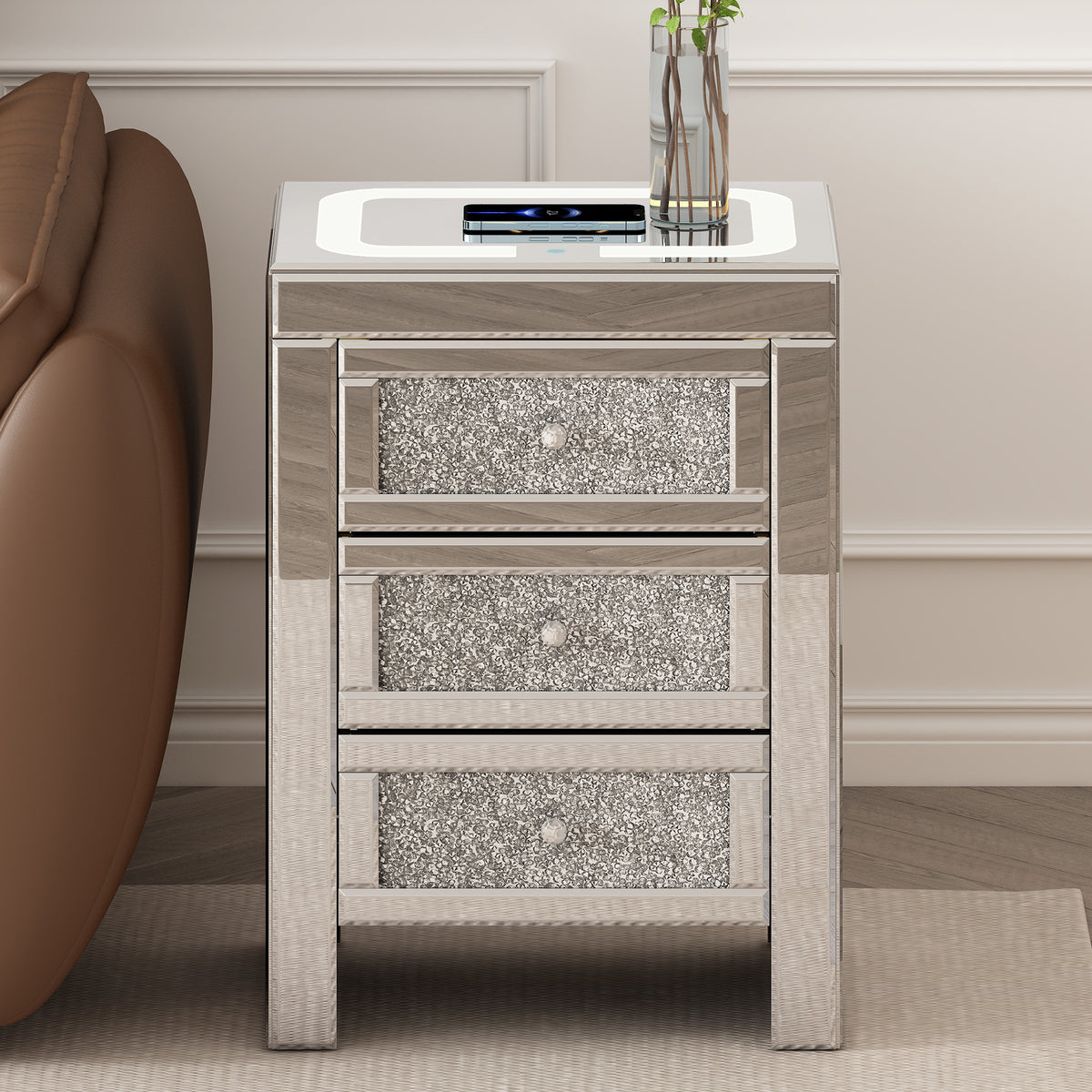 Silver mirror-style coffee table with three glitter drawers and white charging top