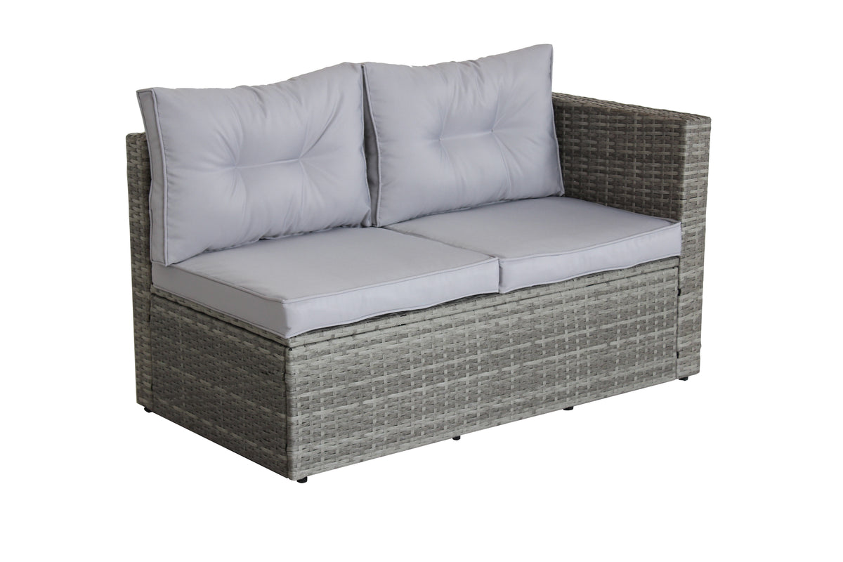 Grey wicker 2-seat patio loveseat with light gray tufted cushions and padded seat