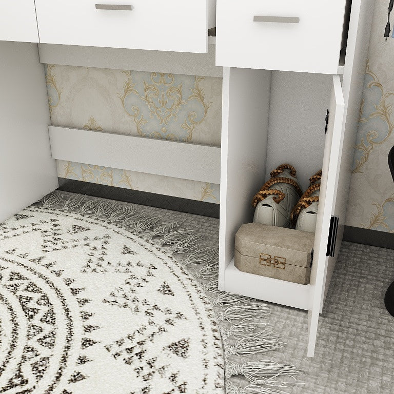 White dressing table with open lower storage cabinet and shelves for shoes and items