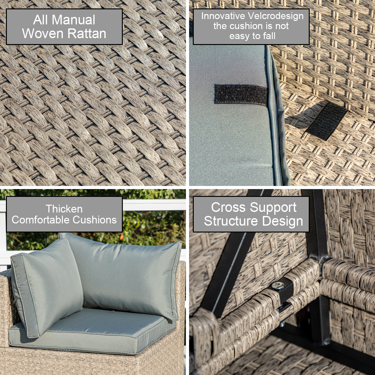 Woven rattan outdoor sofa texture detail with blue-gray cushion edge