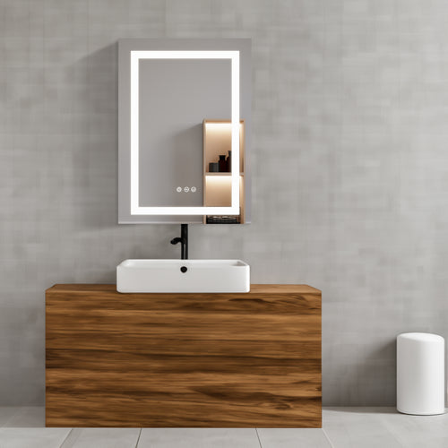 Wall-mounted LED mirror medicine cabinet with anti-fog glass, lit border, single door