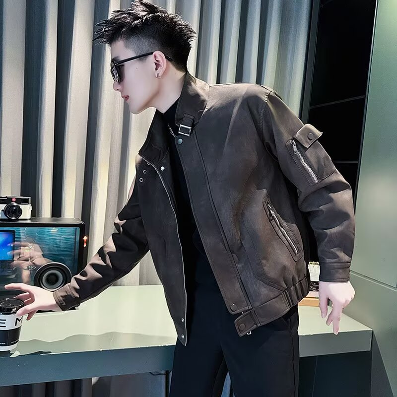 Men's black leather jacket with stand collar, zip-front style and sleeve snap details