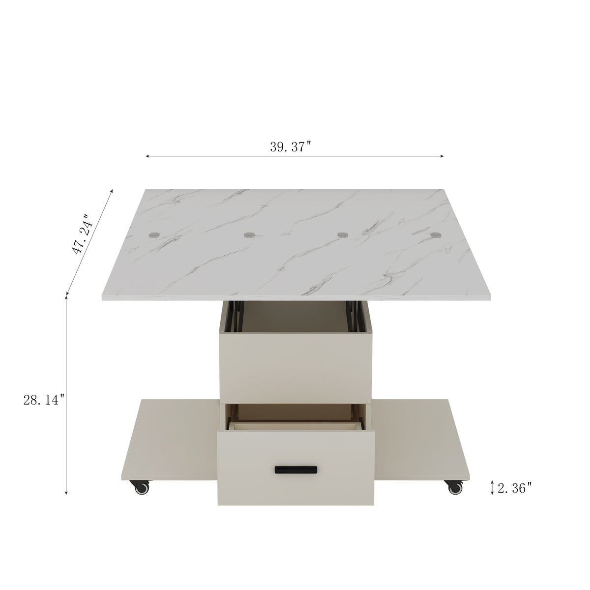 White lift-top coffee table with open top, hidden compartment, and front drawer