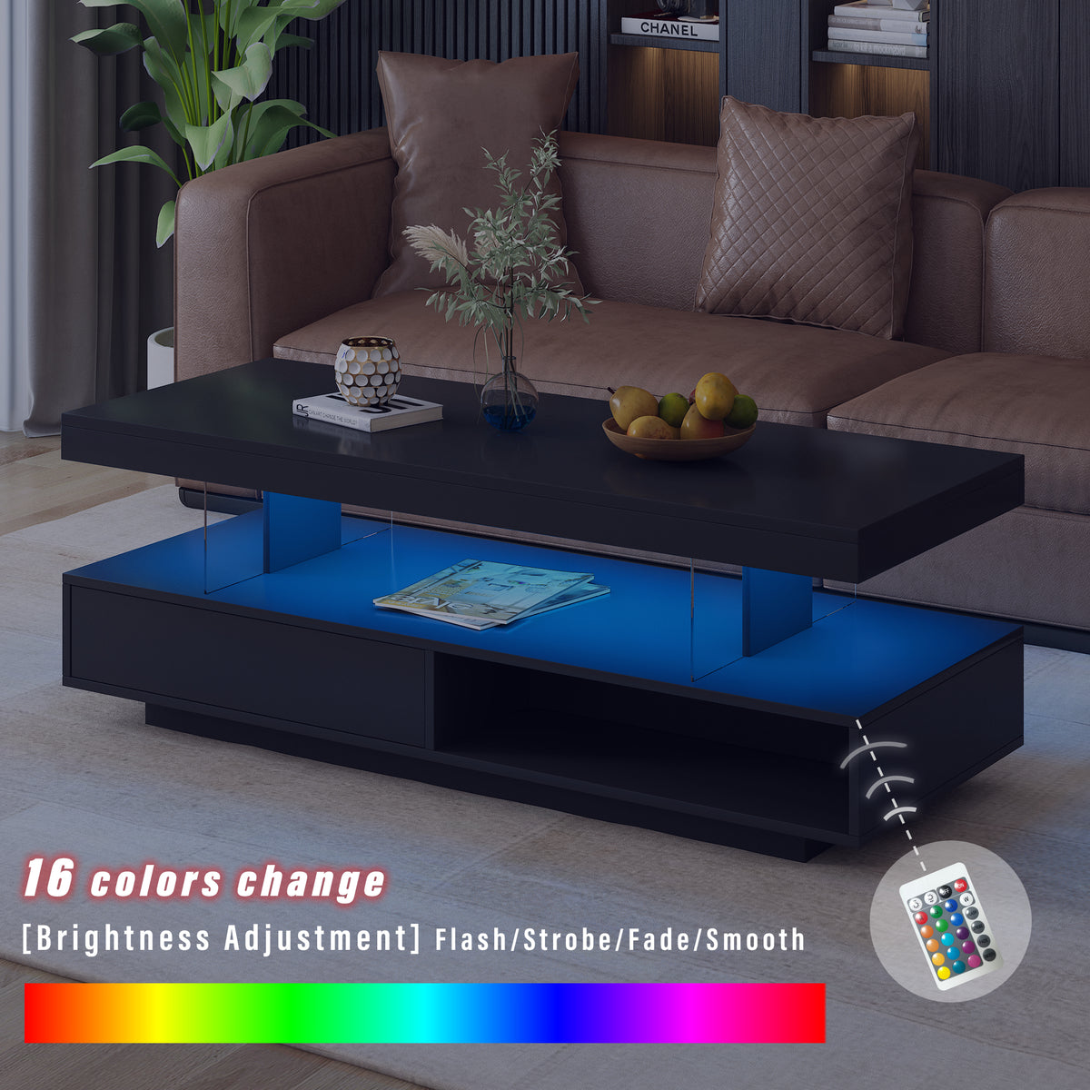 Black LED coffee table with blue-lit interior display shelf and two front drawers