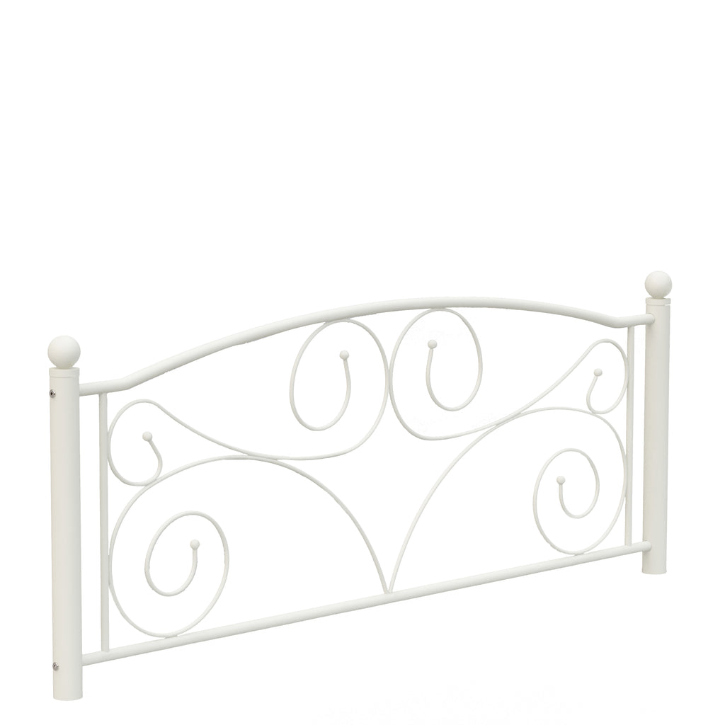 White metal headboard panel with arched top and looping scroll details