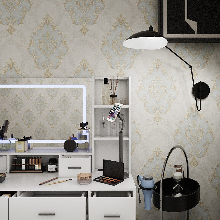 White dressing table with illuminated mirror frame, open shelves, and two drawers