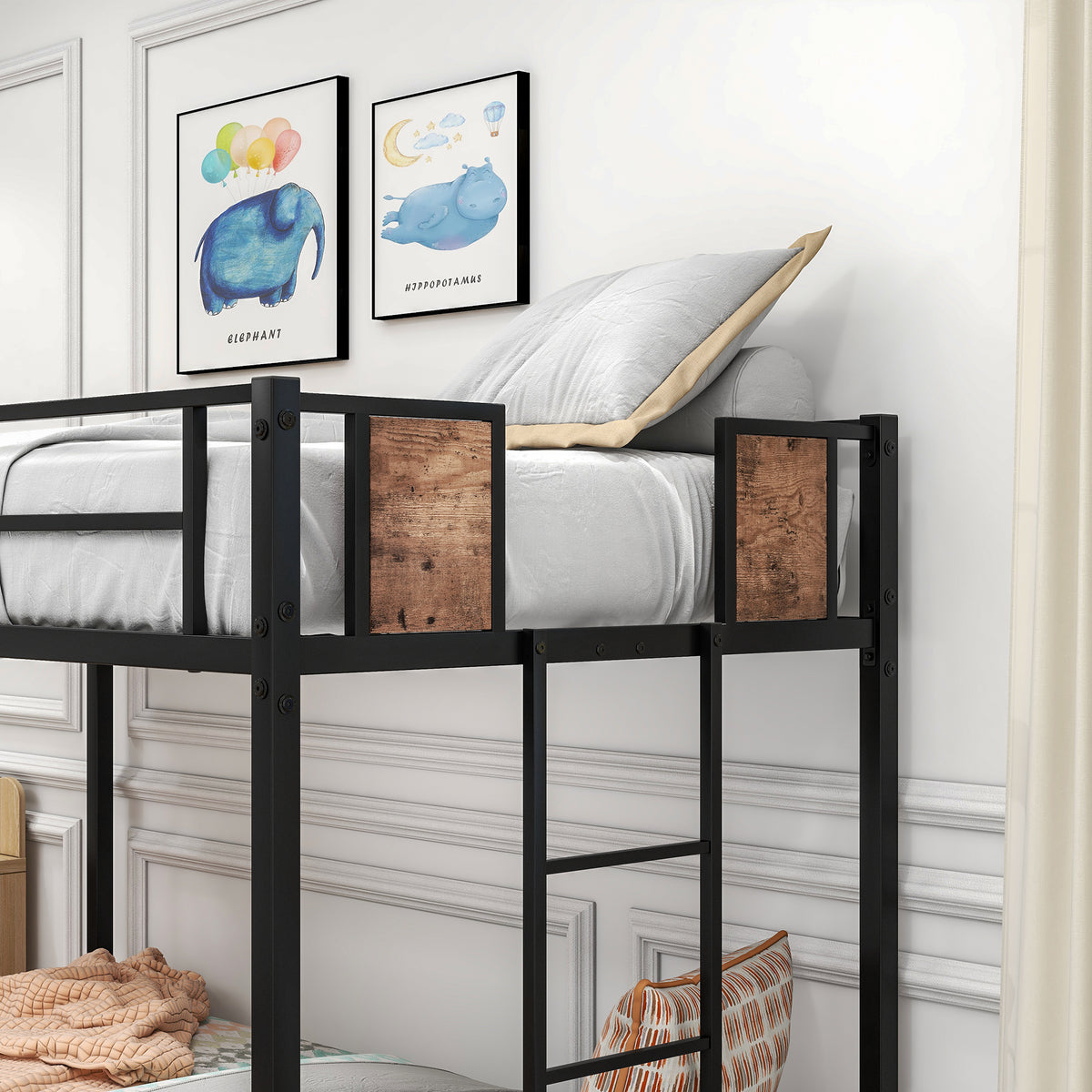 Black metal bunk bed with ladder and twin bunks, featuring wood-look headboard panels